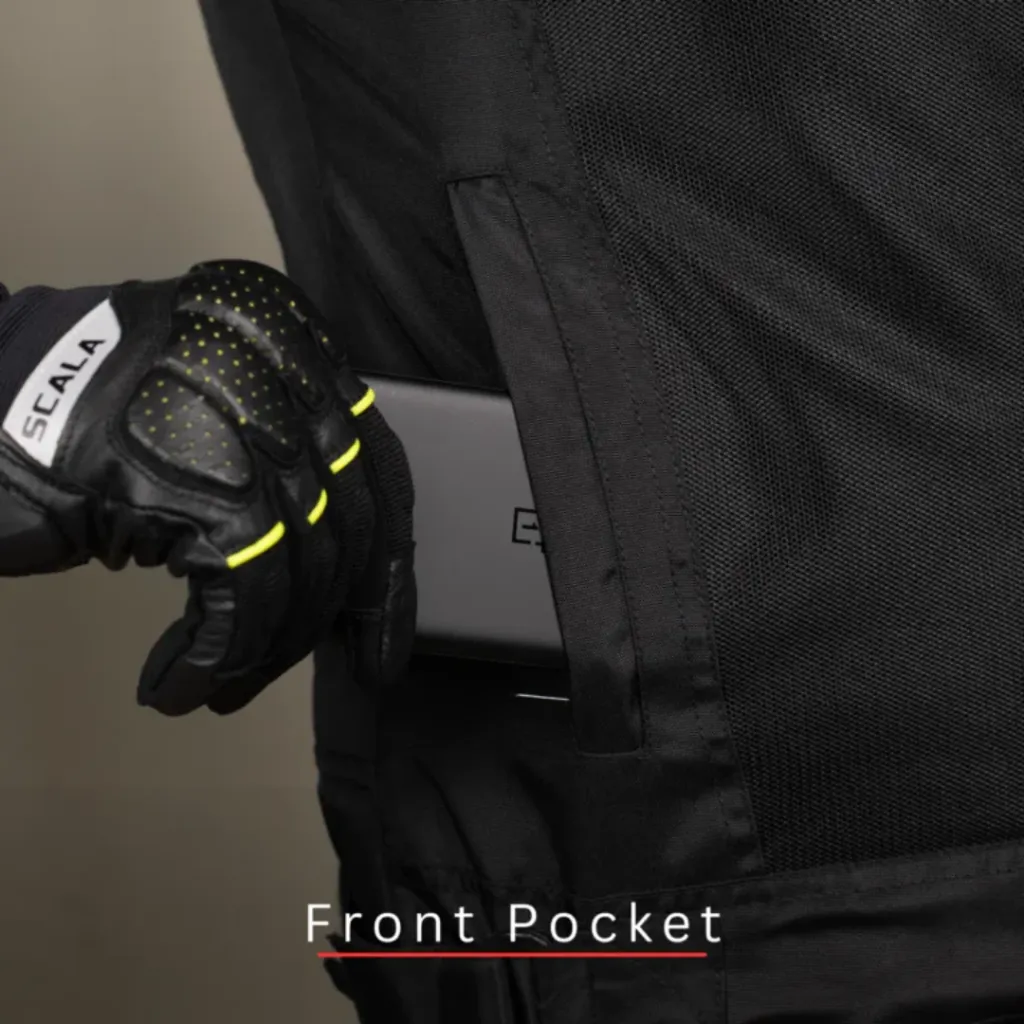 ScalaBlazeRidingJacket-BlackandNeonFrontPocket.webp