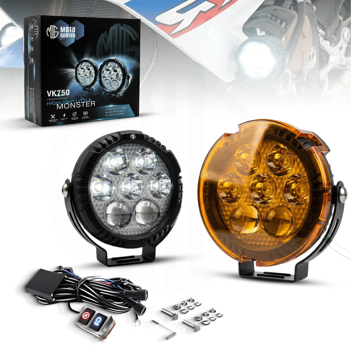 MOTO   GENIUS   VK   750,   7   LED   AUXILIARY   Fog   Light   60W   piece   Motorcycle   &   Car   Light   |   With   Switch   &   Wire   Harness   | Waterproof   (Pack   of   2)